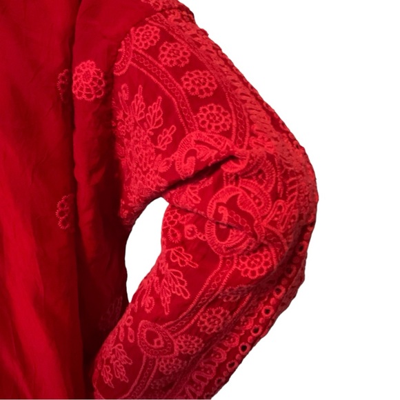 Johnny Was Red Embroidered Longsleeved Collared Top Blouse - Picture 6 of 12